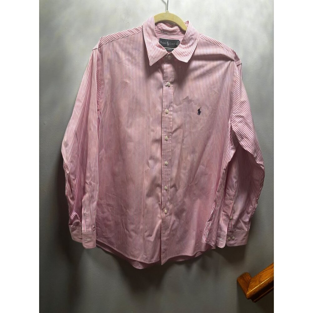 Ralph Lauren custom fit made in China size 17 1/2 34/35 pink and white pinstripe
